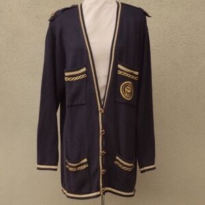 Vintage Nautical Navy Cardigan with Gold Accents L